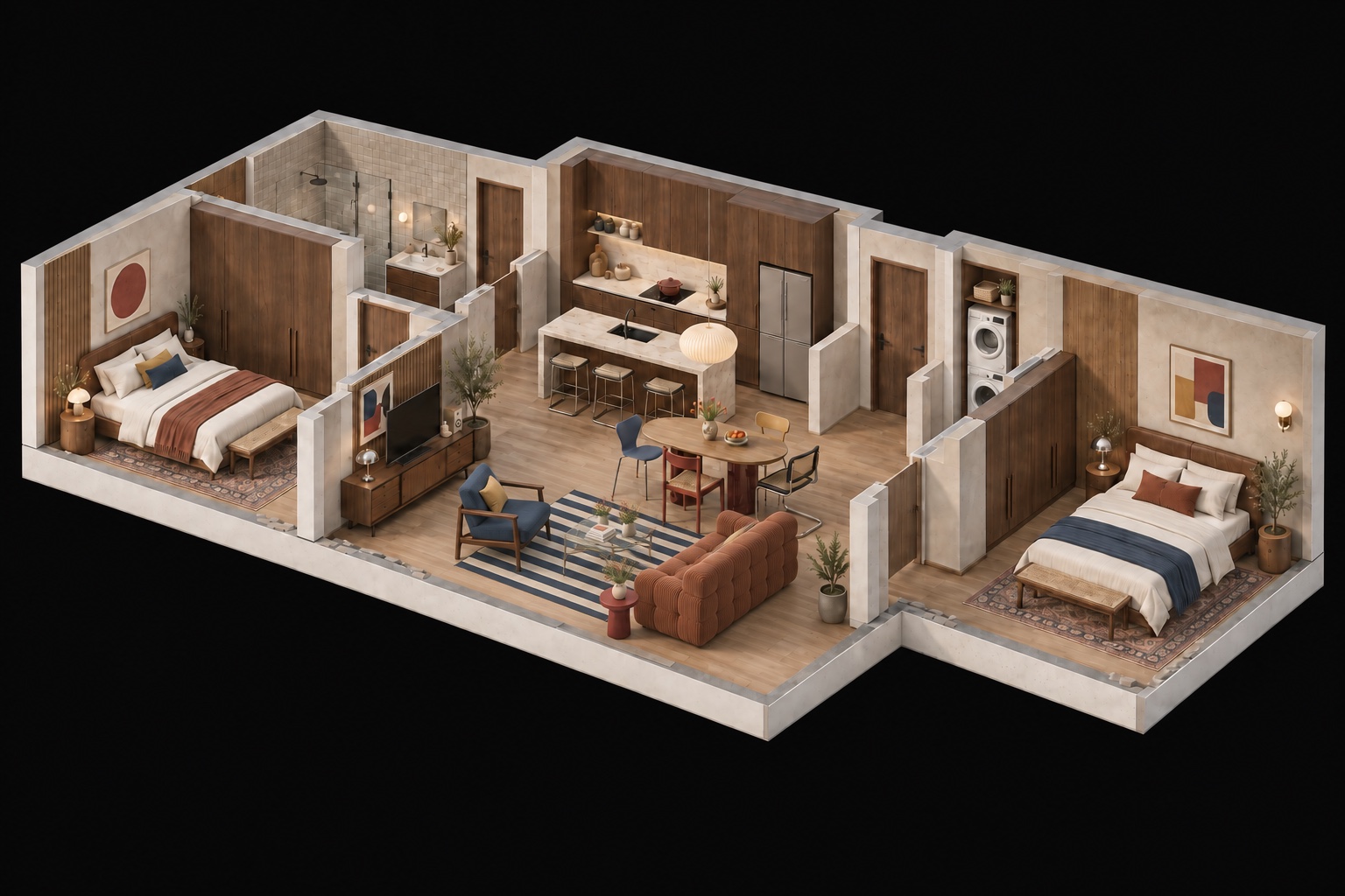 3D floor plan render: furnished two-bedroom apartment seen from above, with open kitchen, dining and living area, bathroom and laundry
